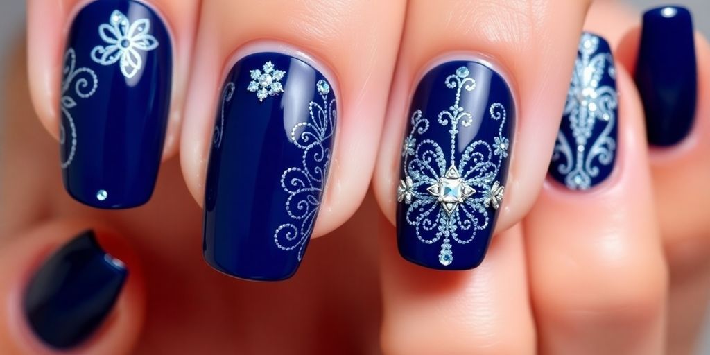 Unhas azul-marinho decoradas para noivas sofisticadas.