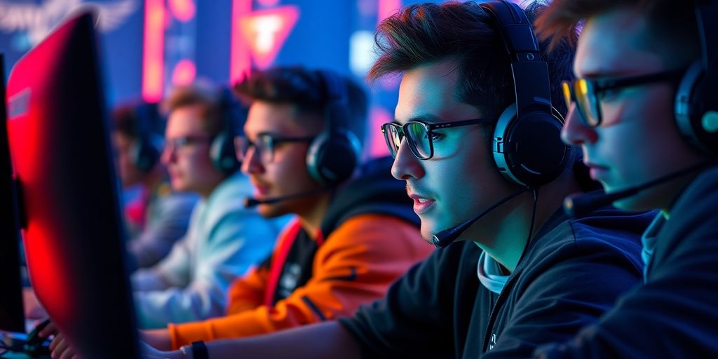 Esports stars in a thrilling, brightly lit gaming competition.