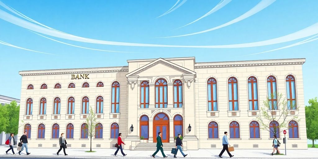 Commercial bank building with people walking outside.