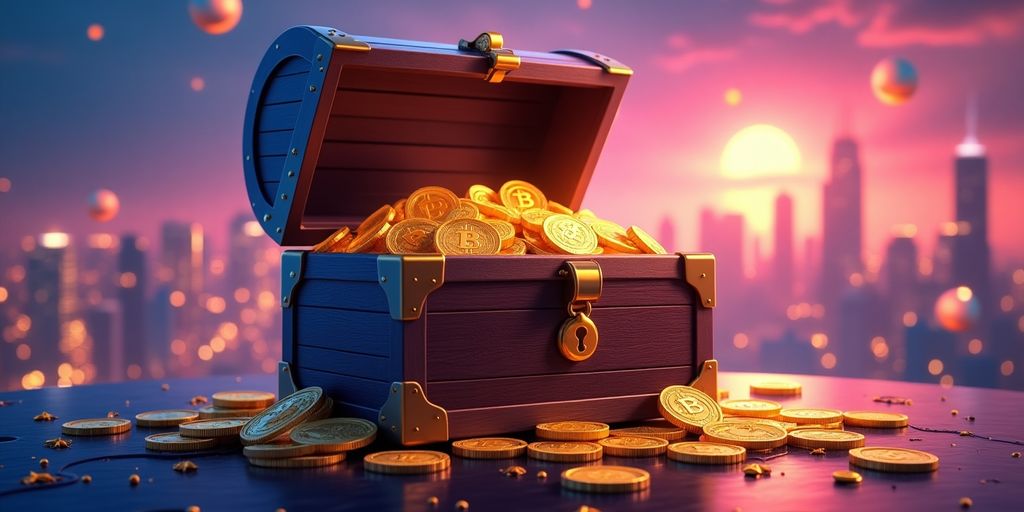 Treasure chest filled with digital coins against a city backdrop.
