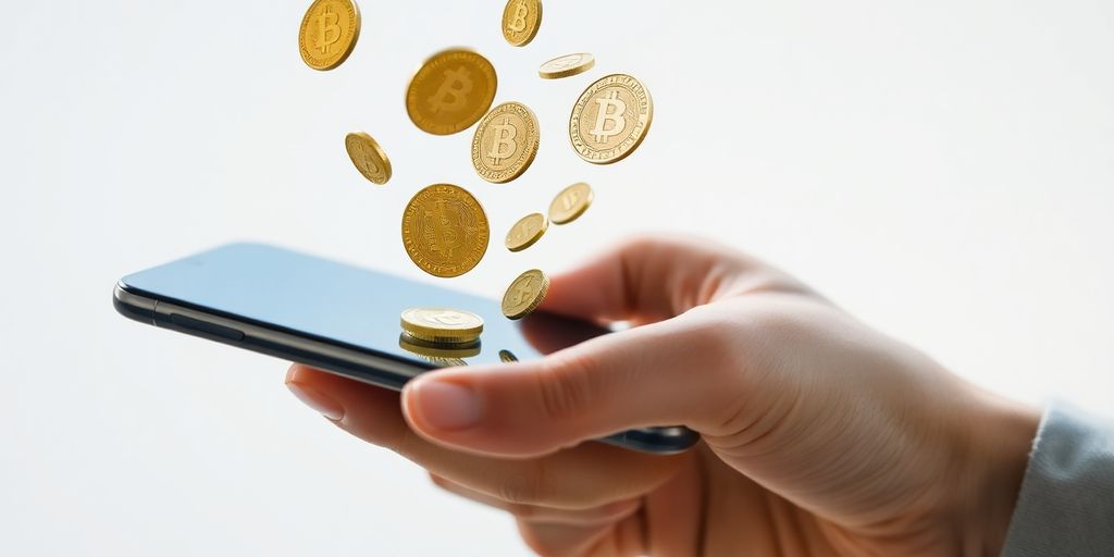 Hand holding phone with crypto coins floating above