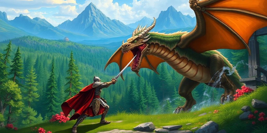 Knight battling dragon in World of Warcraft fantasy landscape.