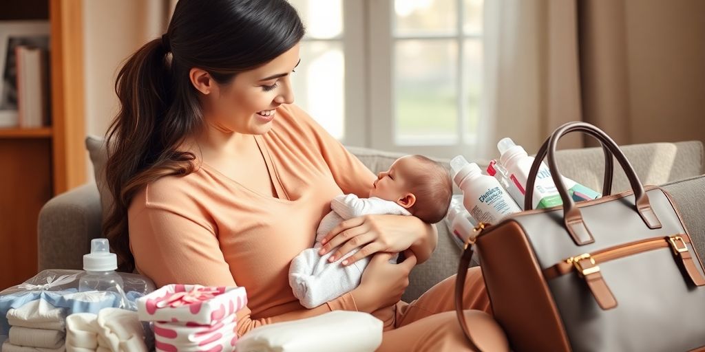New mom with baby and practical gifts around her.