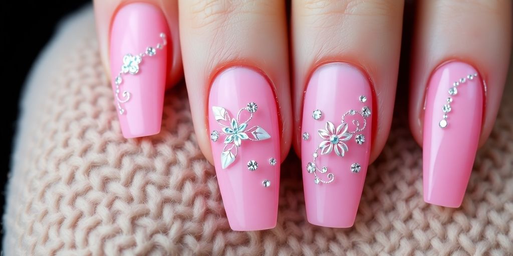 Unhas em gel rosa decoradas com flores e brilhos.