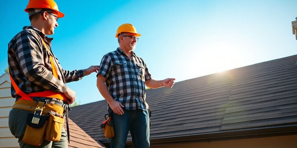 Two roofing contractors shaking hands with homeowner on sunlit rooftop