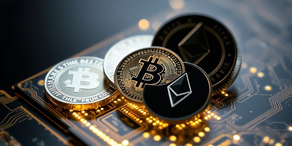 Digital coins glowing on a circuit board