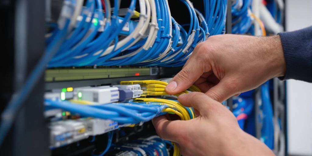 Technician connecting network cables.