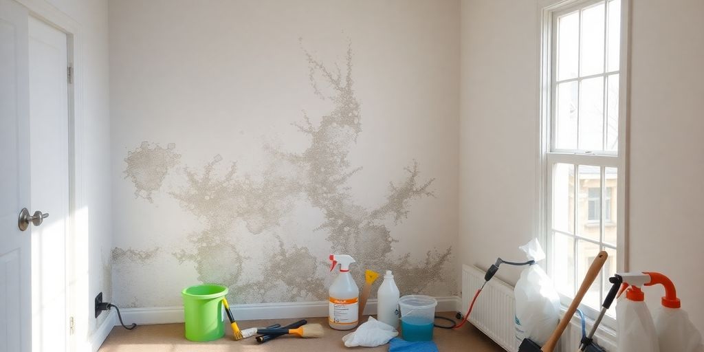 Room showing water damage and mold remediation tools.