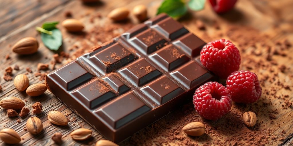 Dark chocolate bar with nuts, berries, and cocoa powder.