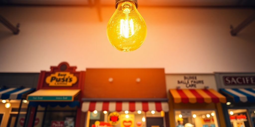 Lightbulb shining bright above small businesses.