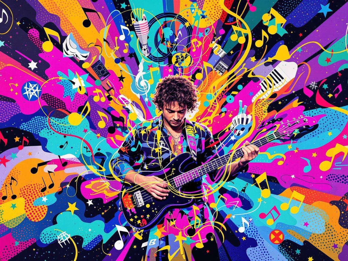 Musician with instruments and colorful sound waves.