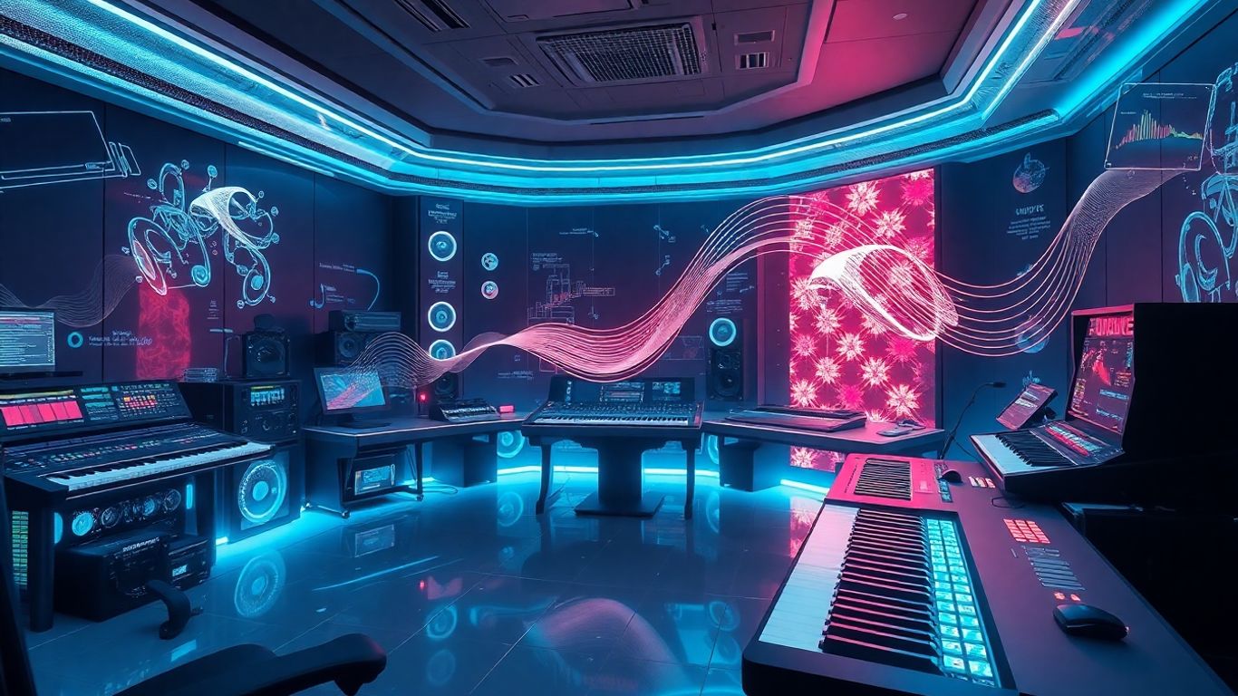 Futuristic music studio with glowing synthesizers and holographic interfaces.