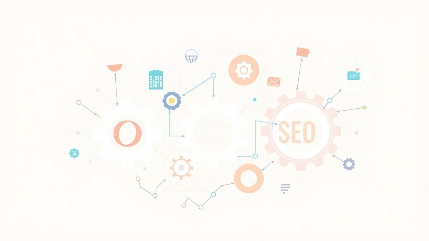 Illustrasjon av teknisk SEO og innholdsmarkedsføring.