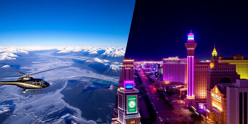 Split image: helicopter over Alaskan mountains vs. Las Vegas strip.