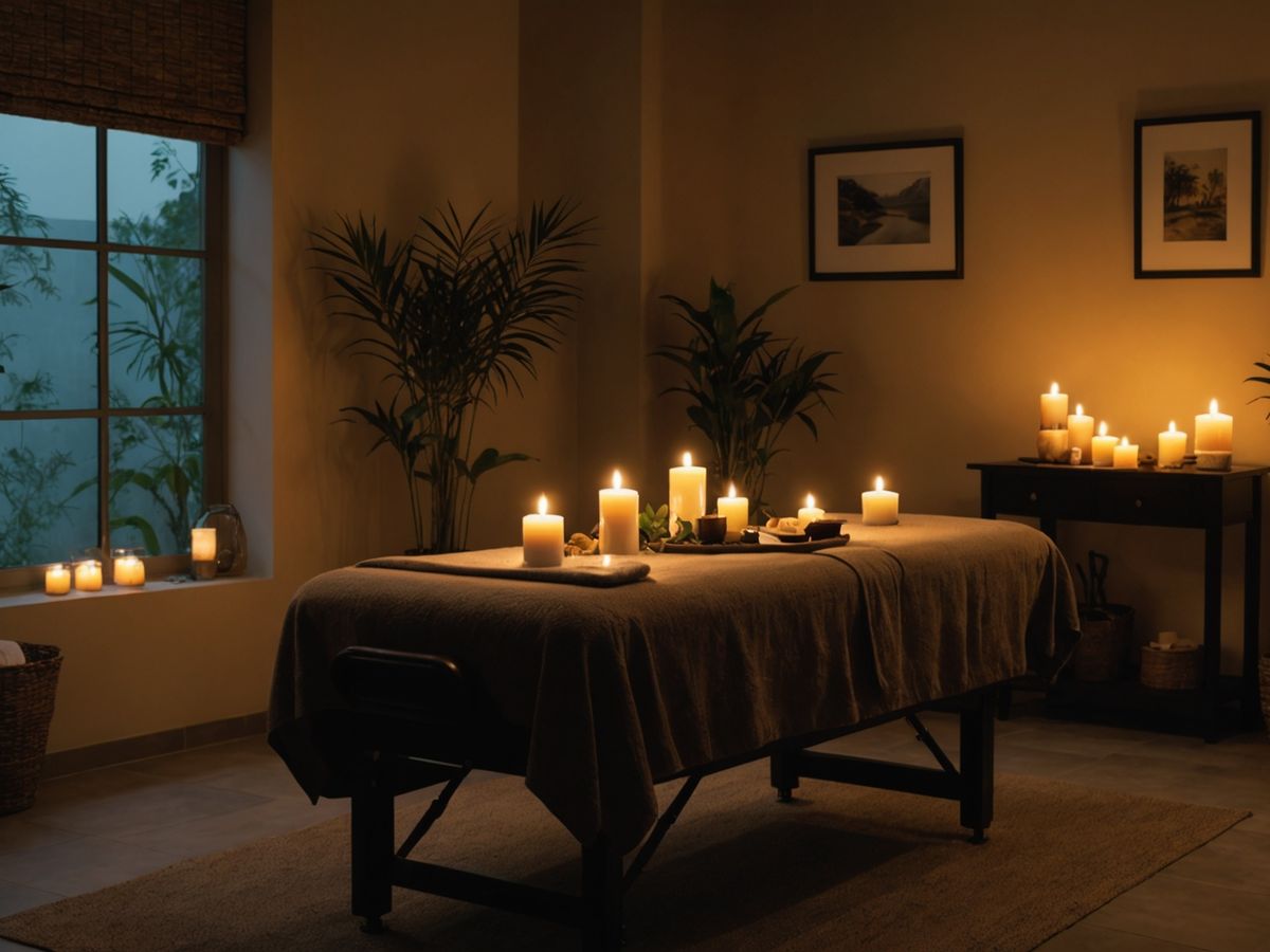 Dimly lit massage room with calming decor.