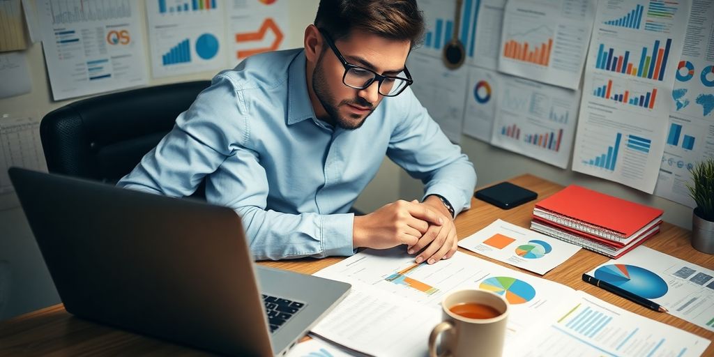 Entrepreneur analyzing market research data at a workspace.