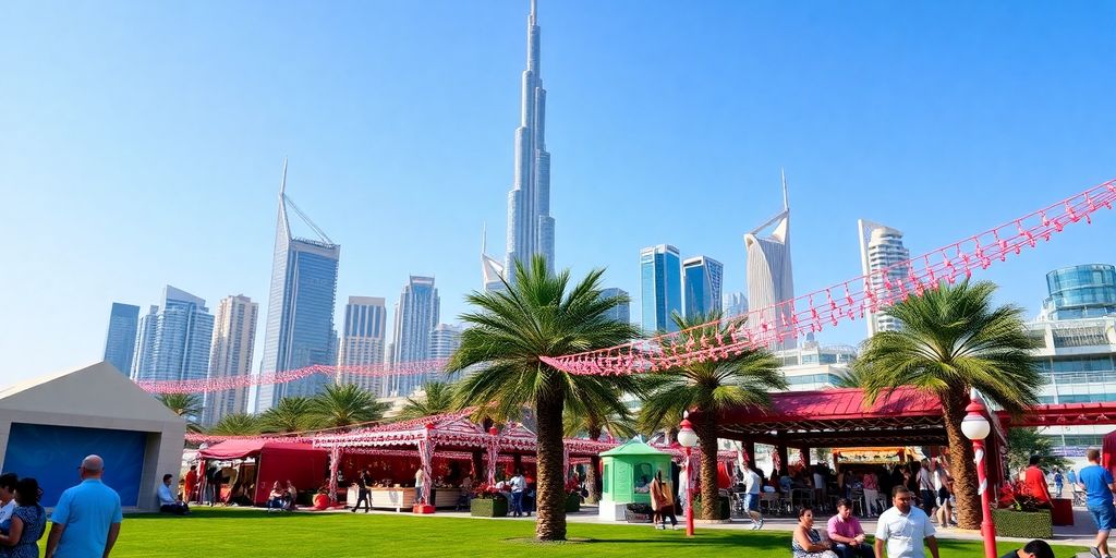 Dubai skyline with summer festivities and colorful decorations.