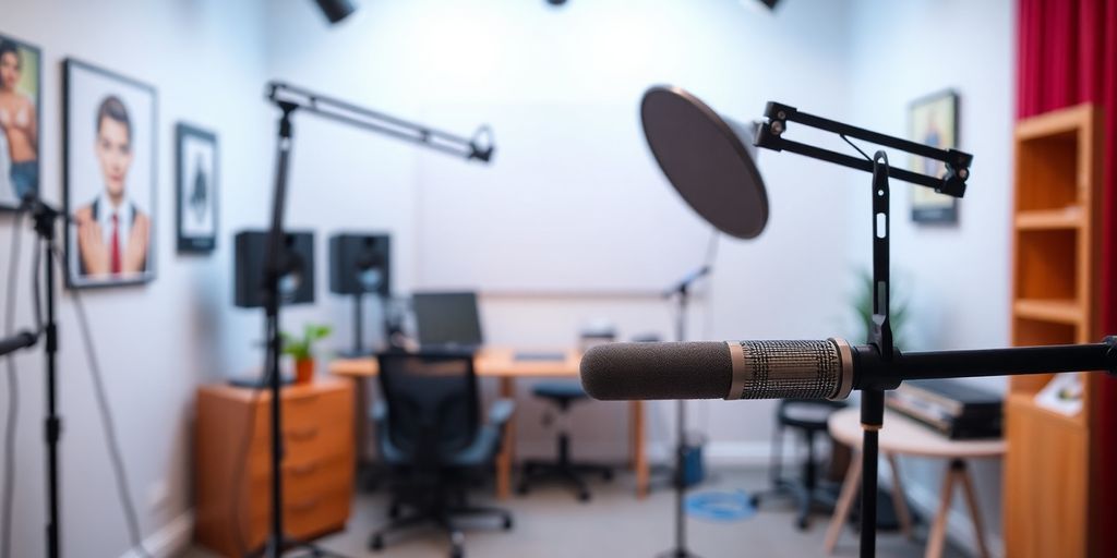 Podcast background with studio lighting and camera.