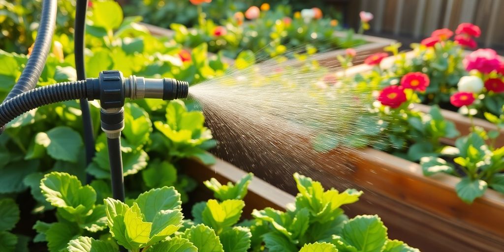 Gartenschlauch mit Sprühdüsen bewässert verschiedene grüne Topfpflanzen und bunte Blumen