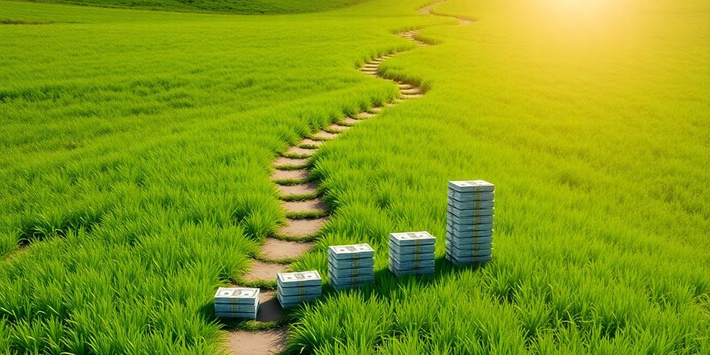 Stacks of money, growing larger, with a path.