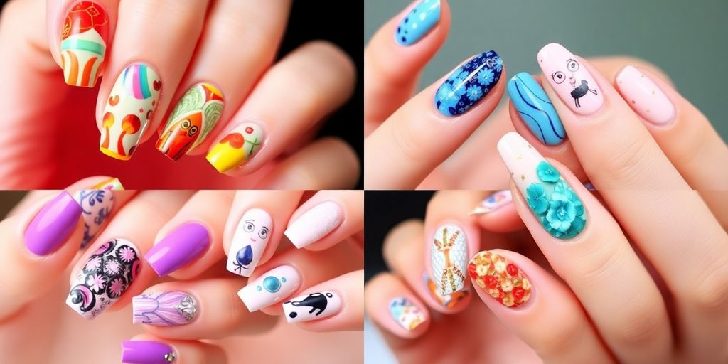 Diversos estilos de unhas coreanas em fotografia.