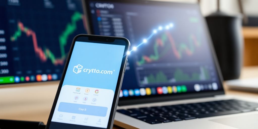 Smartphone with Crypto.com app, crypto exchange on laptop