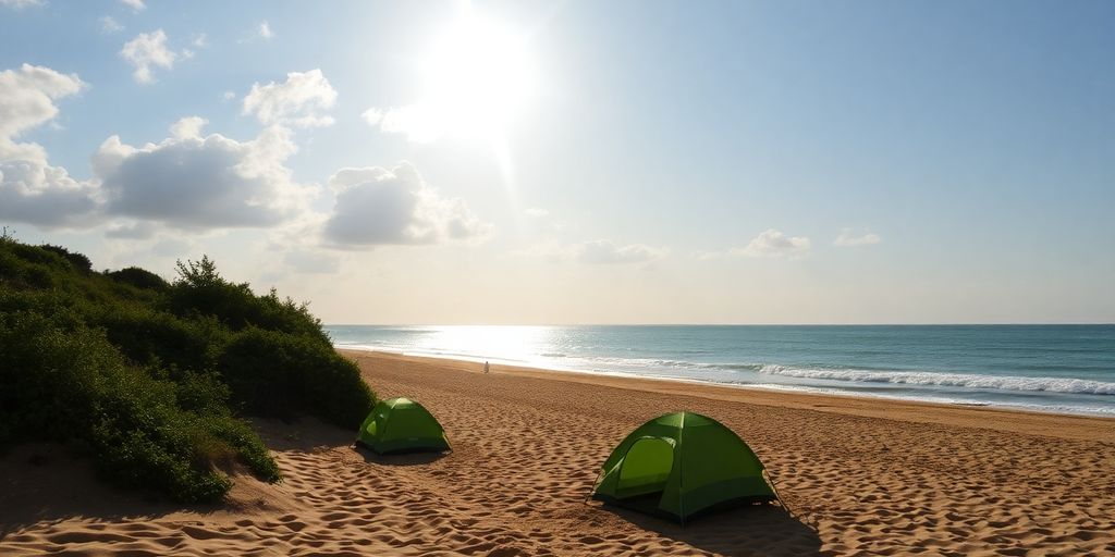 Strandlandschaft in der Camargue mit Zelten und Pflanzen.