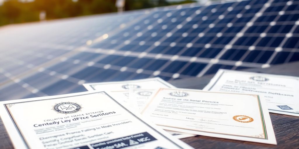 Close-up of solar panel certification labels on a table.