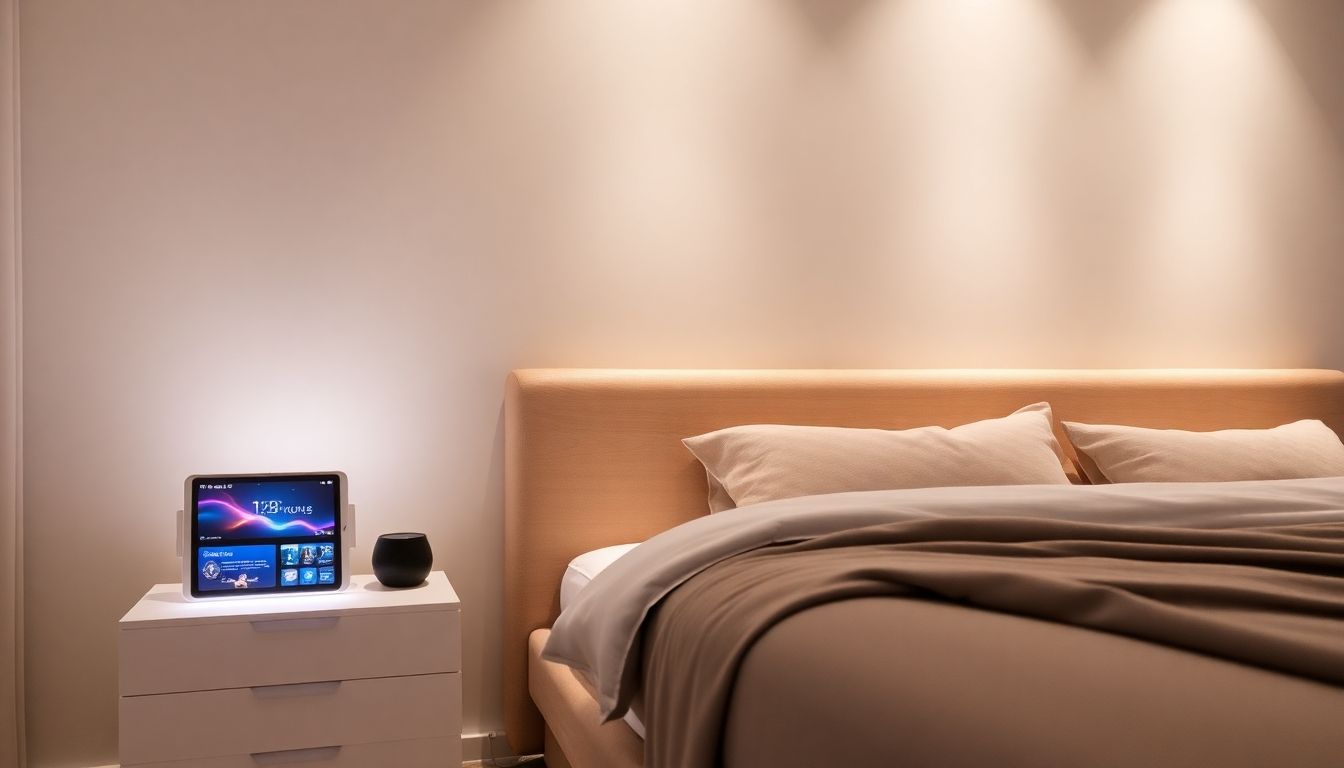 Modern bedroom with smart technology and sleek furnishings.