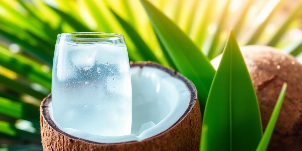 Coconut water in a shell with tropical leaves around it.
