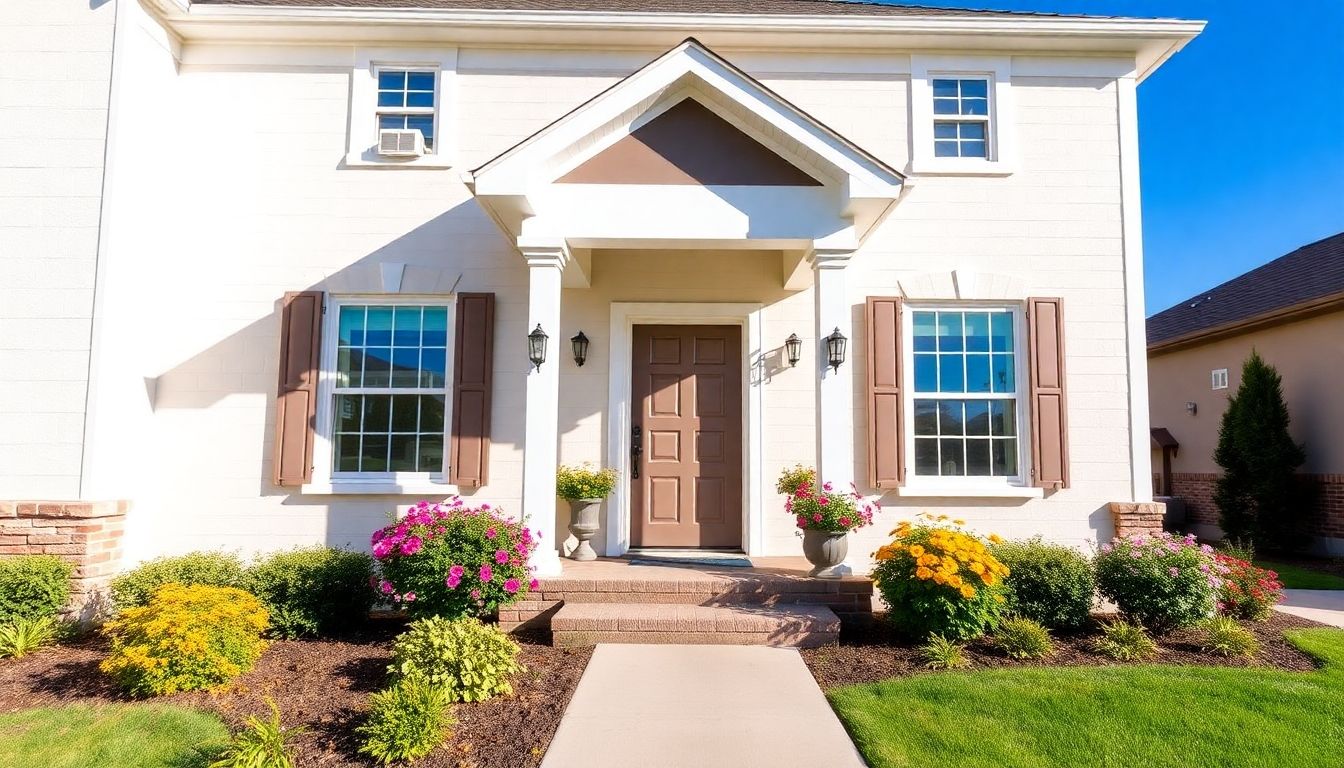 Refurbished home exterior with vibrant flowers and stylish door.