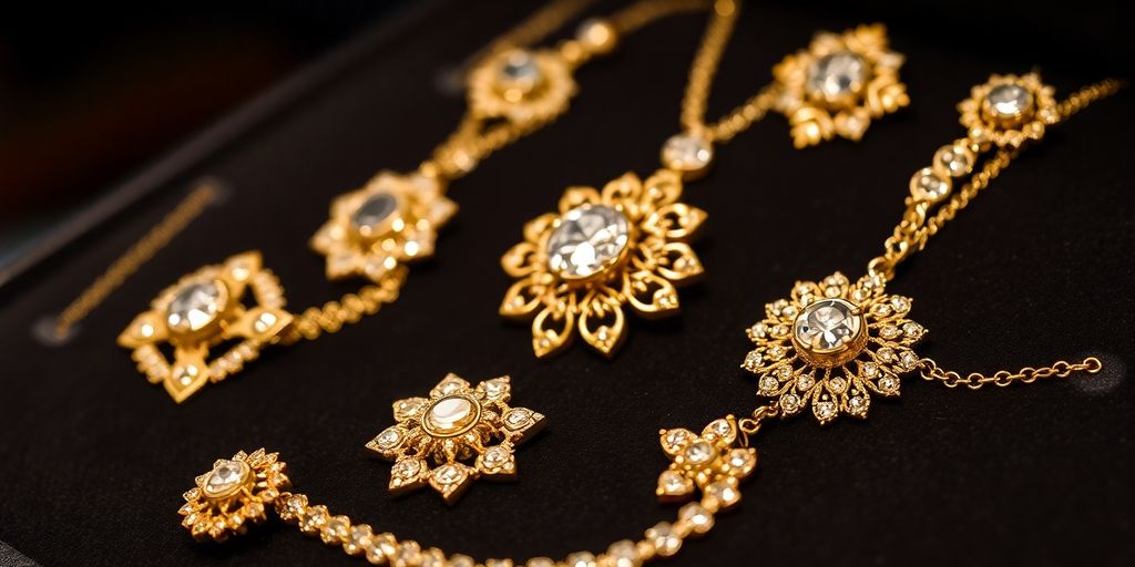 Bijoux en or élégamment présentés sur un fond en velours.