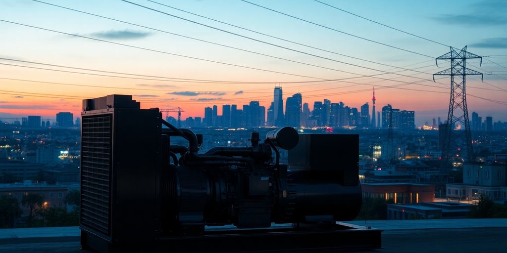 Diesel generator with power lines and city grid.