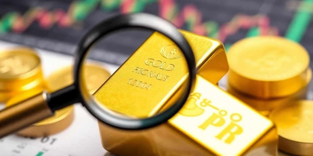 Barre d'or et loupe sur fond financier flou.