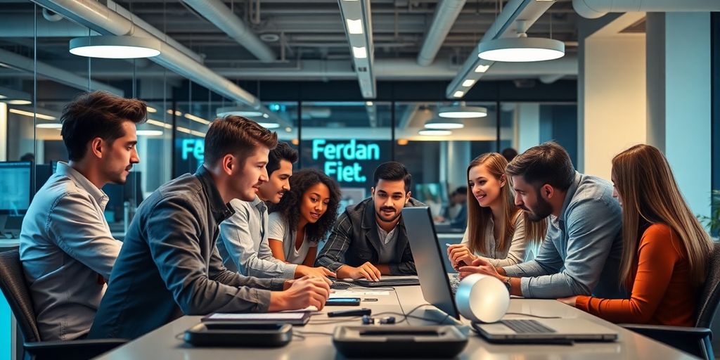 Team collaborating in a modern office with tech devices.