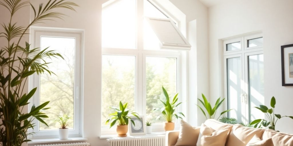 Bright home interior with open windows and houseplants.