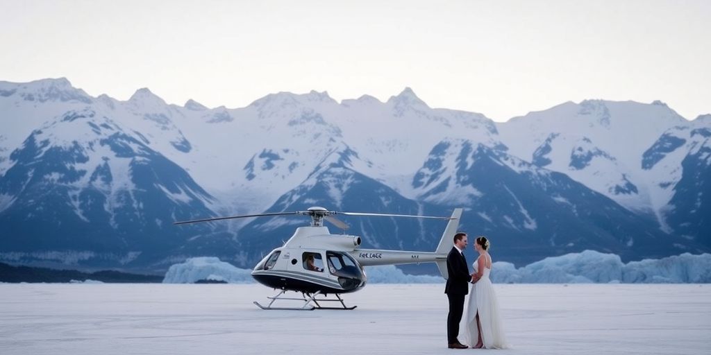 A couple in wedding attire and a helicopter on an Alaskan glacier.
