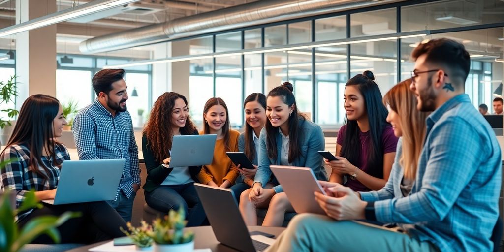Young professionals collaborating in a vibrant office setting.