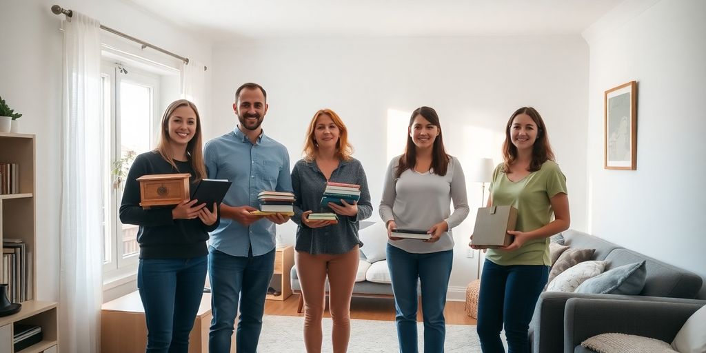 Maison rangée, équipe débarras souriante, objets triés