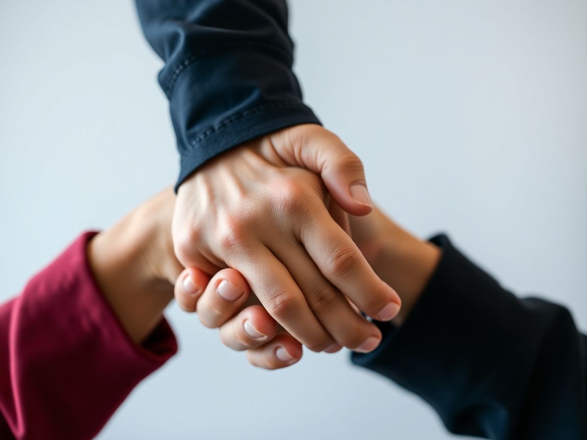 Mâini împreunate, simbol al sprijinului juridic.