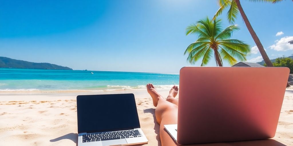 Tropical beach with a laptop and a person's legs.