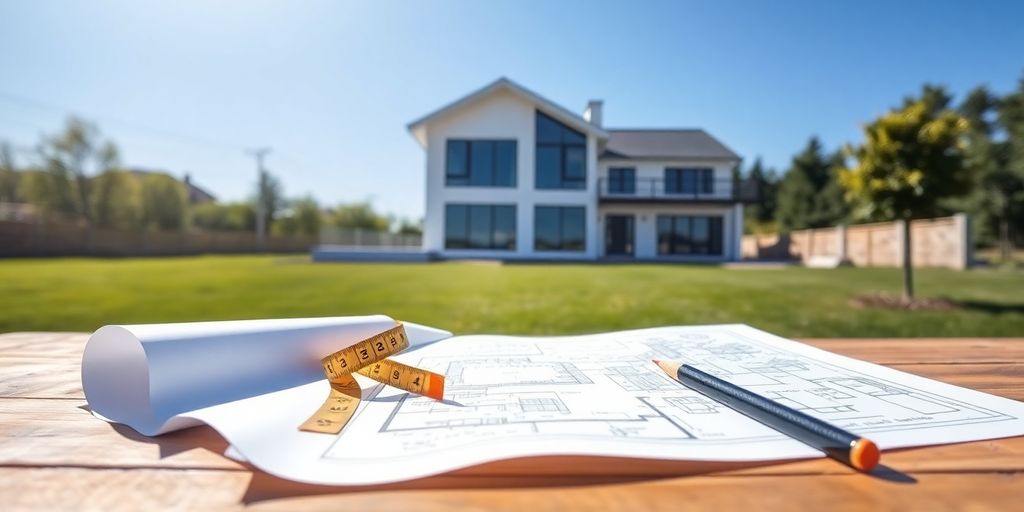 Modern house facade and a blueprint on a table.