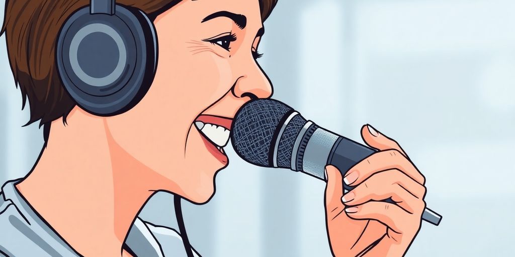 Person with headphones speaking into a microphone.
