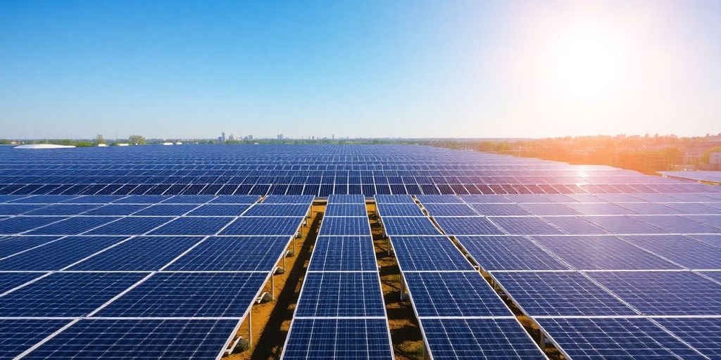 Panneaux solaires sur toits et champs ensoleillés
