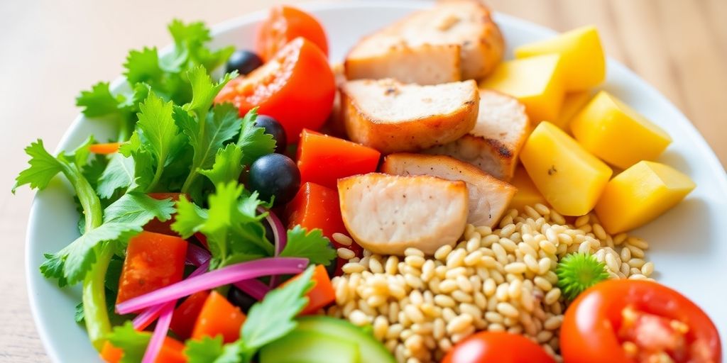 Colorful balanced meal with vegetables and lean proteins.