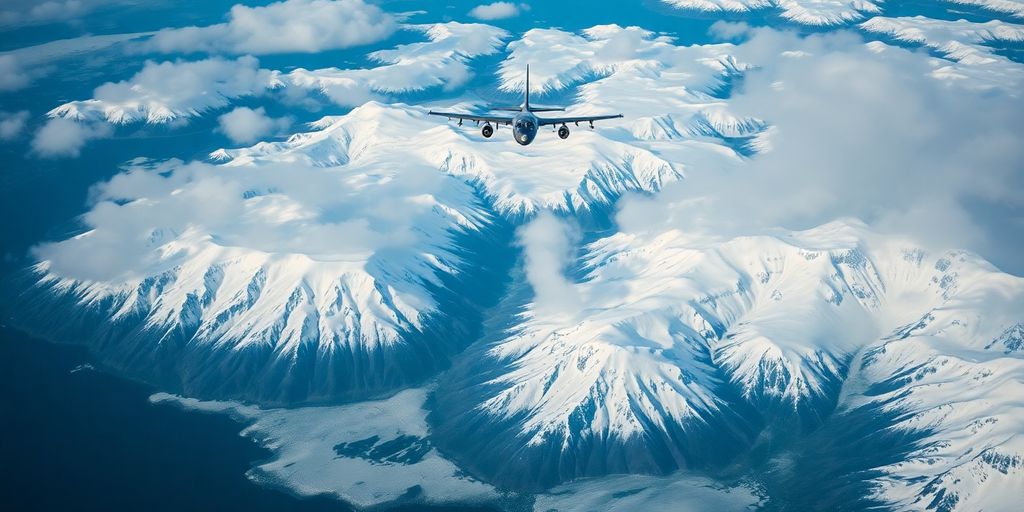 Aerial view of Alaska with military aircraft overhead.