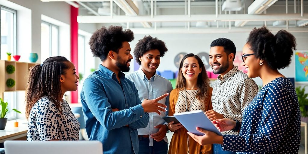 Diverse professionals collaborating in a modern workspace.