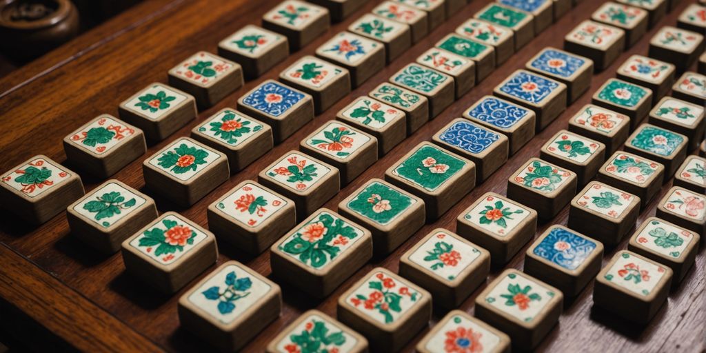 Traditional Mahjong tiles on antique wooden table