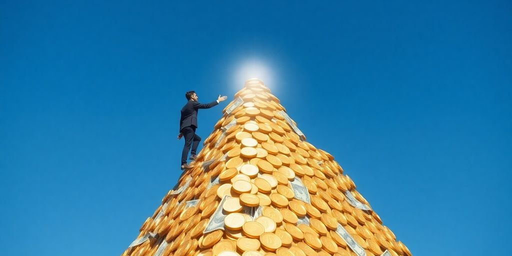 Person scaling a mountain of money.