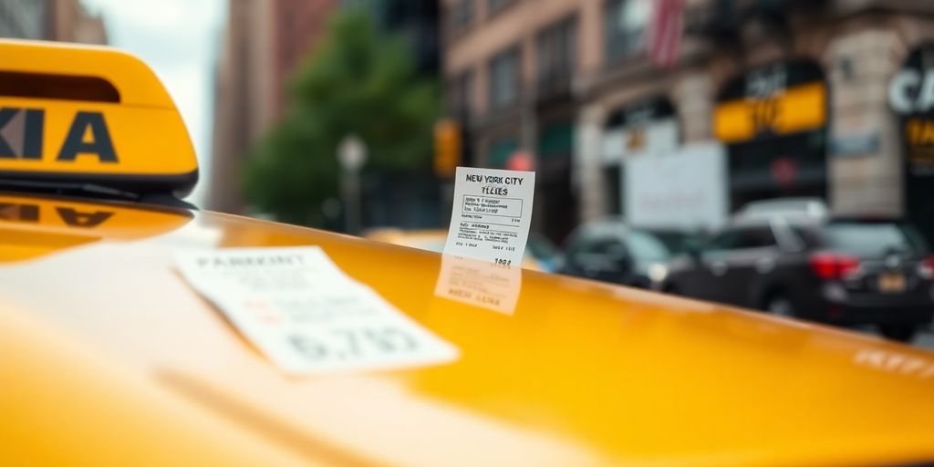 Yellow New York City taxi cab with parking ticket on windshield.
